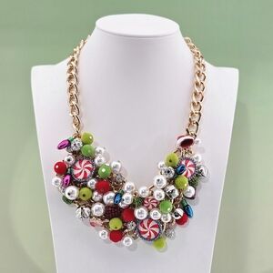 Betsey Johnson Necklace Holiday Candy Bib Peppermint Christmas Faux Pearl Gifts